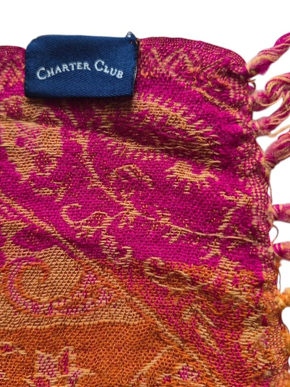Charter Club Wool & Silk Scarf Jacquard Woven Fringe Detail 77” x 26”